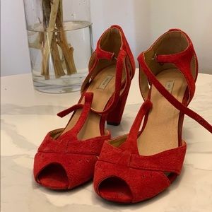 Anthropologie Red Suede Kitten Heels